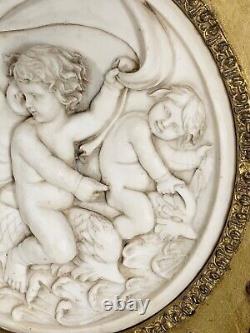 Vintage Ornate Gold Framed Marble Cast Relief Wall Plaque Cherubs Baroque