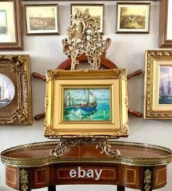 Vintage Sailboat Painting In Golden Frame Beautiful Wall Art Gift