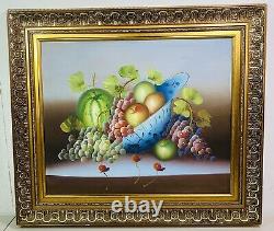Vintage Still Life Fruit Basket Oil Painting Gold Color Frame 31 x 27 Wall Art