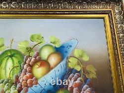 Vintage Still Life Fruit Basket Oil Painting Gold Color Frame 31 x 27 Wall Art