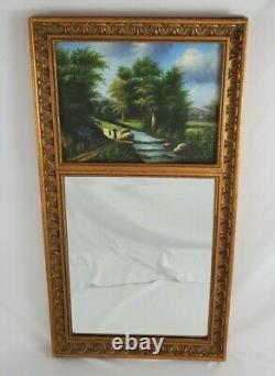 Vintage Trumeau Beveled Wall Mirror With Signed Oil Painting Carved Frame French