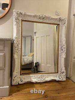 Vintage Very Large French Moulded Carved Shabby Chic Mirror White/gold
