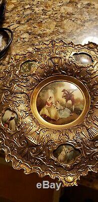 Vintage Victorian Scene Porcelain Plate in Metal Gold Tone Wall Frame Italian
