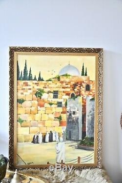 Vintage signed original acrylic painting of The Wailing Wall Jerusalem in gold g