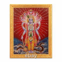 Vishnu Bhagwan Silver Zari Art Work Photo In Golden Frame Big (14 X 18 Inches)