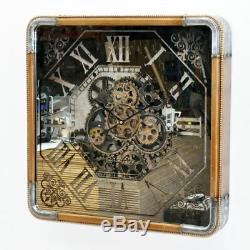 Wall Clock Square Mirrored With Gears And Gold Frame