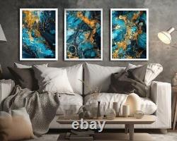 Wall art pictures set of 3 abstract Gold and Turquoise wall art print Abstract
