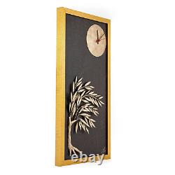 Wood & Metal, Olive Tree & Round Clock Framed Wall Art Ornament Gold Color